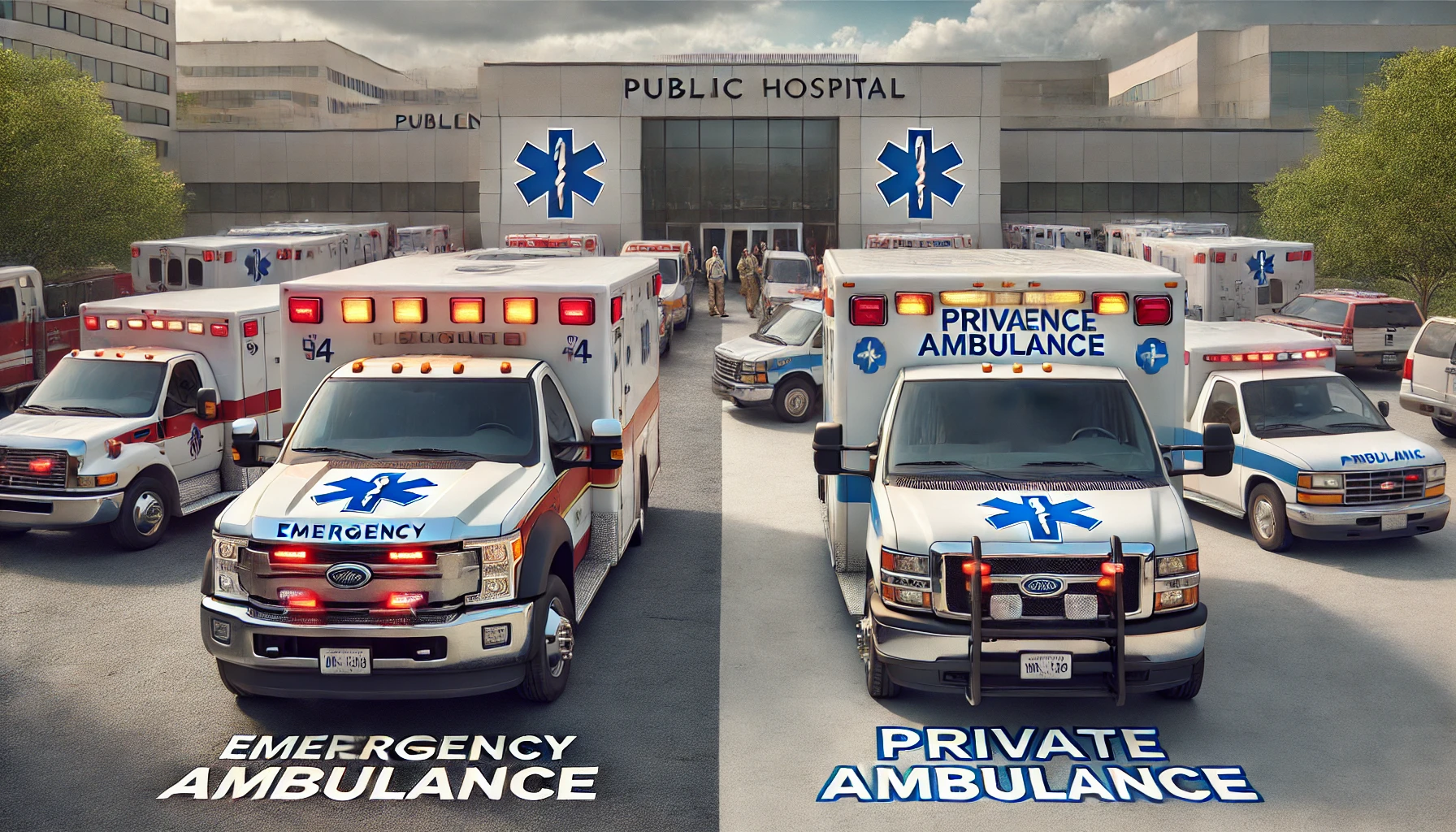 A side-by-side comparison of a public emergency ambulance and a private ambulance. The public emergency ambulance is shown with flashing lights and sirens, marked with typical public medical symbols, ready for an emergency response. The private ambulance, on the other hand, is calmer, with medical staff standing by, preparing for non-emergency patient transport. The private ambulance has a more subdued appearance with specialized medical equipment for patient comfort and longer transfers. Both vehicles are positioned outside of a hospital, highlighting the difference in their roles.