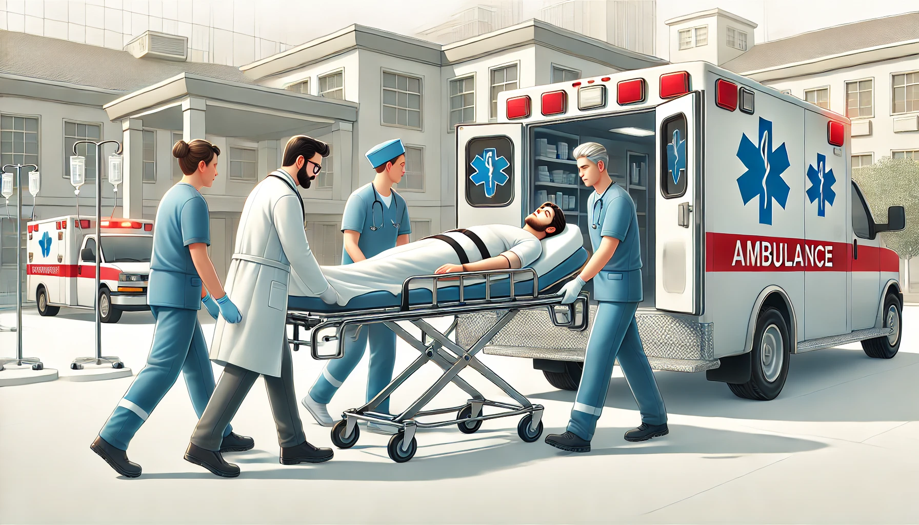 A medical scene depicting a patient being transferred between hospitals. The patient is lying on a stretcher with medical staff carefully guiding the stretcher towards an ambulance. The medical personnel are wearing professional uniforms and medical equipment is visible. The ambulance in the background is open, ready to receive the patient, with a hospital building in the background. The scene is calm and professional, ensuring the patient's safety during the transfer.
